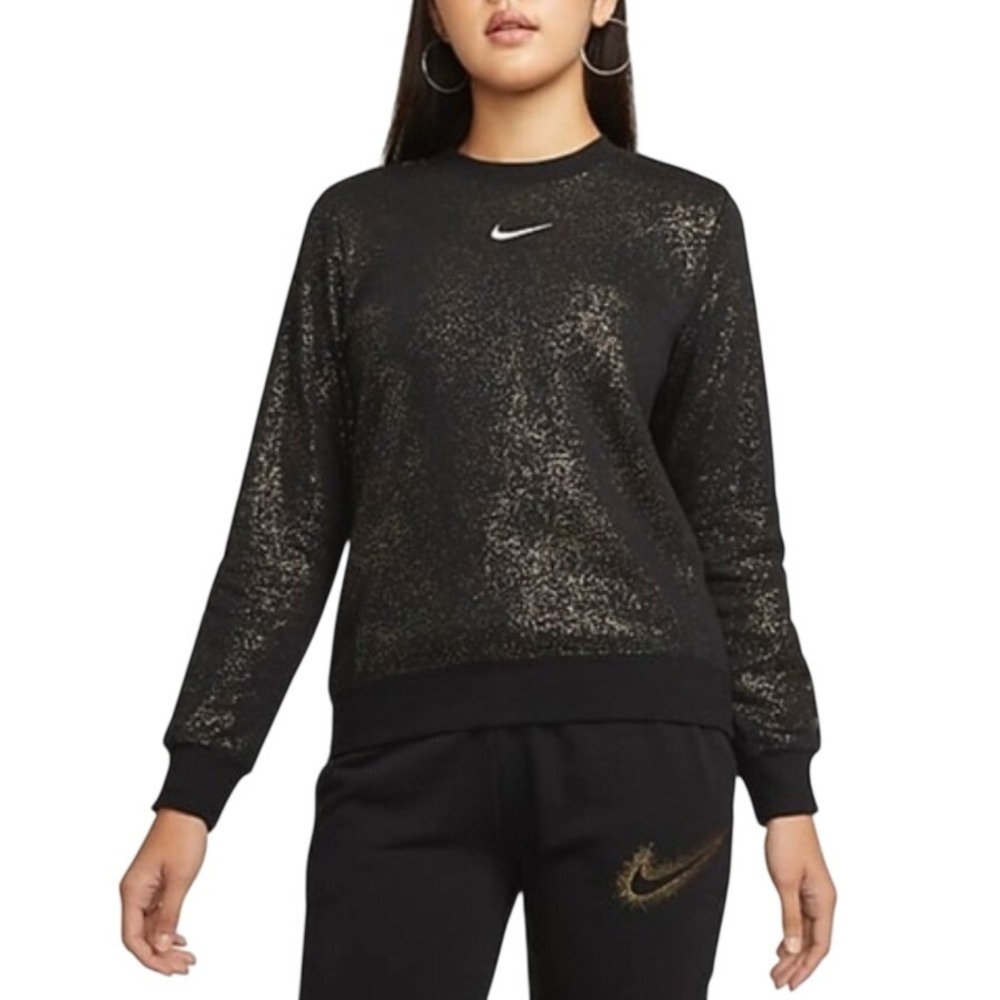 Nike Sweatshirt Women 1X Black Gold Glitter Phoenix Fleece DX6424-010 Pullover